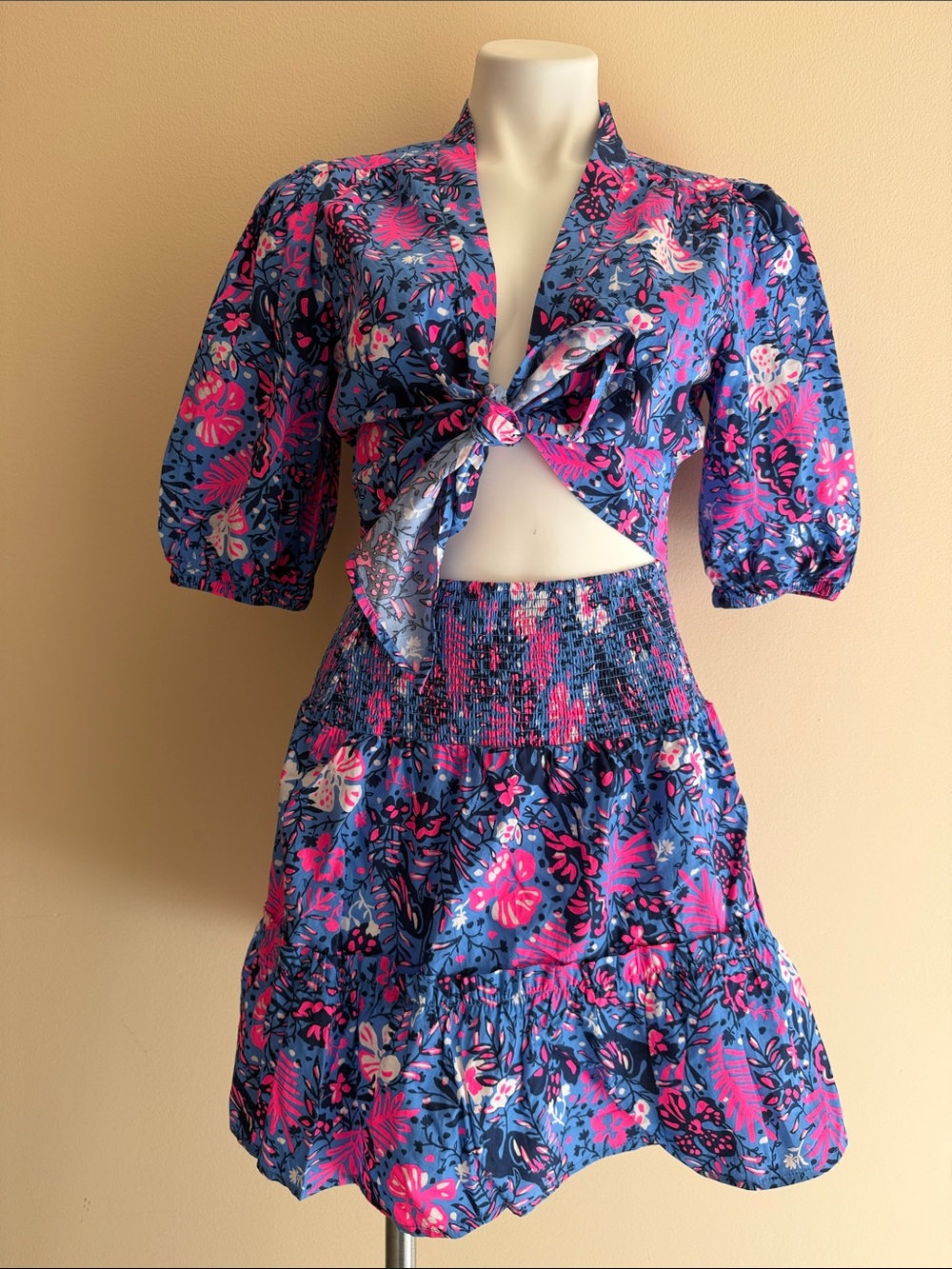 Lilly Pulitzer Navy Blue and Hot Pink Floral Skirt Set
